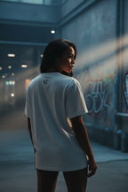 Back view of attractive fit Black woman wearing your oversized t-shirt