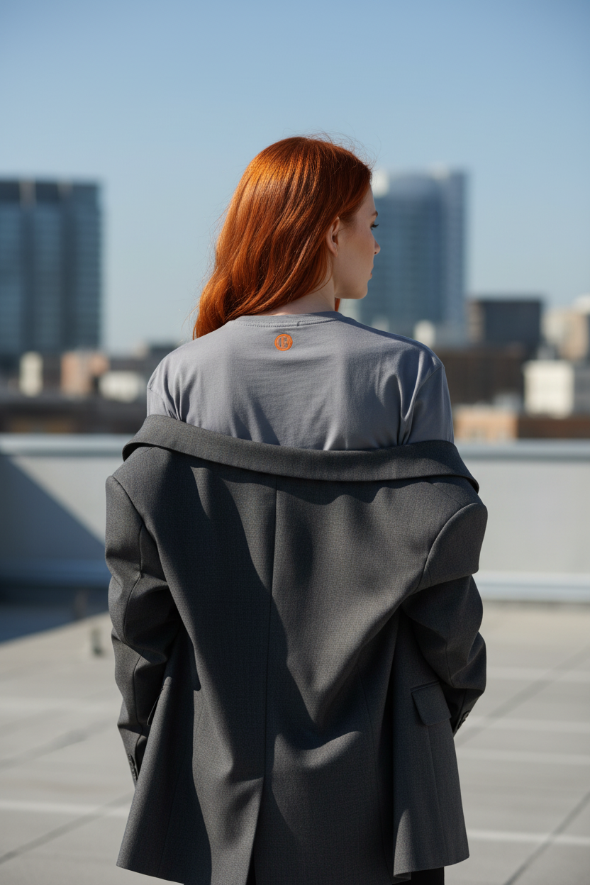 Back view of red-headed woman wearing t-shirt with blazer showing neck logo