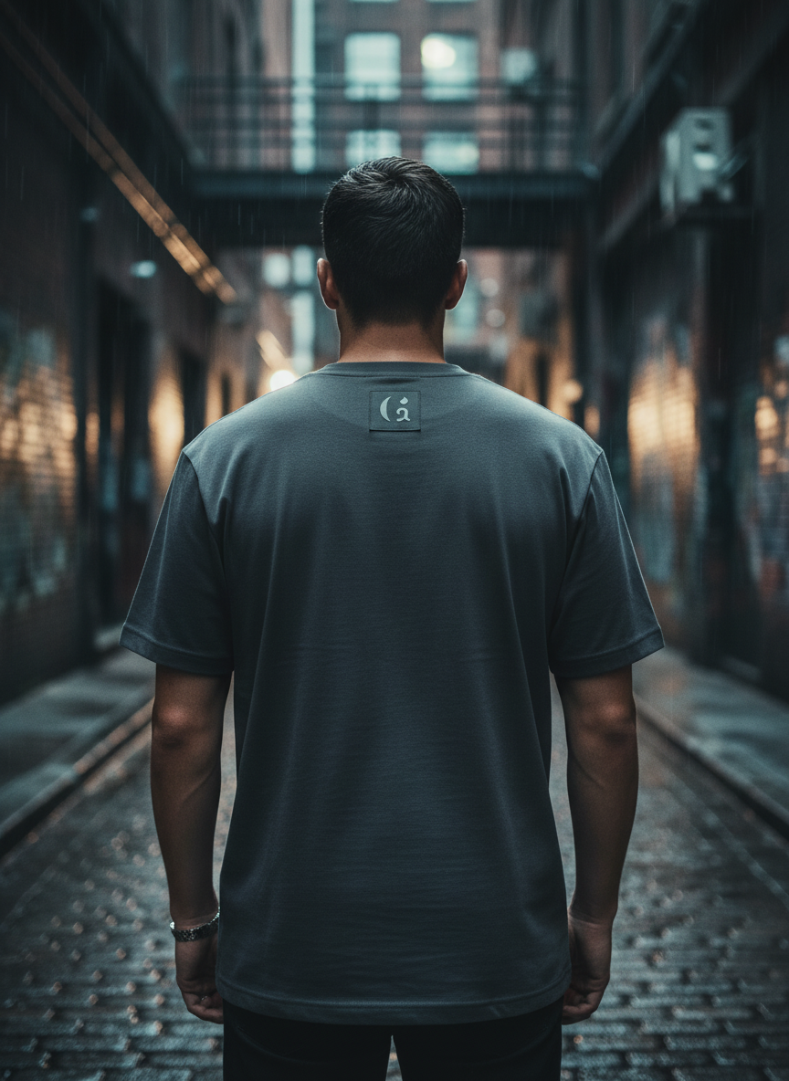 Back view oversized tee cinematic scene