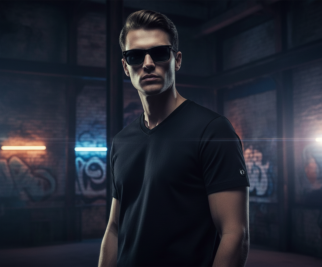 Black tee with arm logo cinematic scene