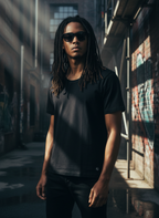 Black tee with wide neck and dreadlocks