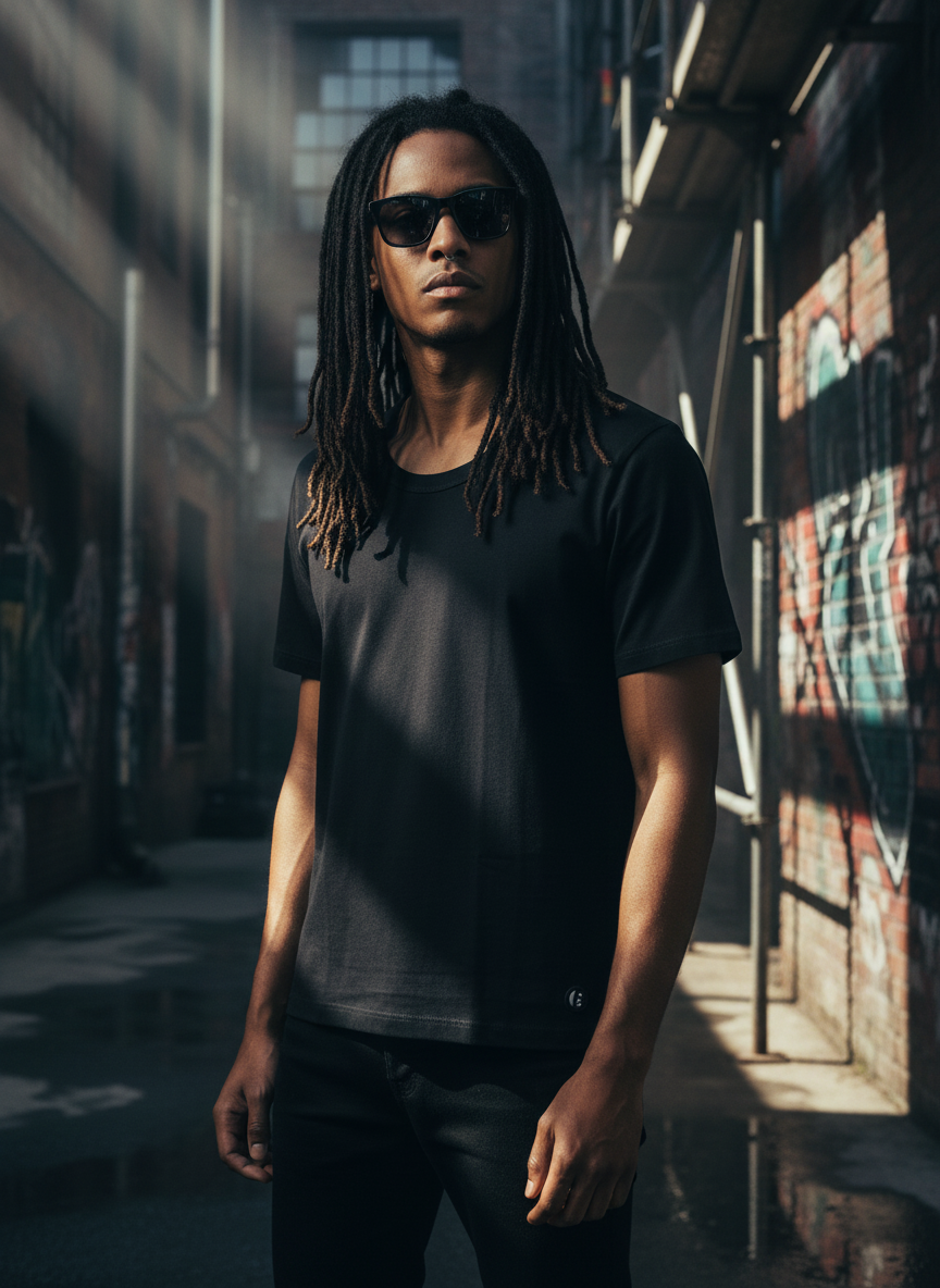 Black tee with wide neck and dreadlocks
