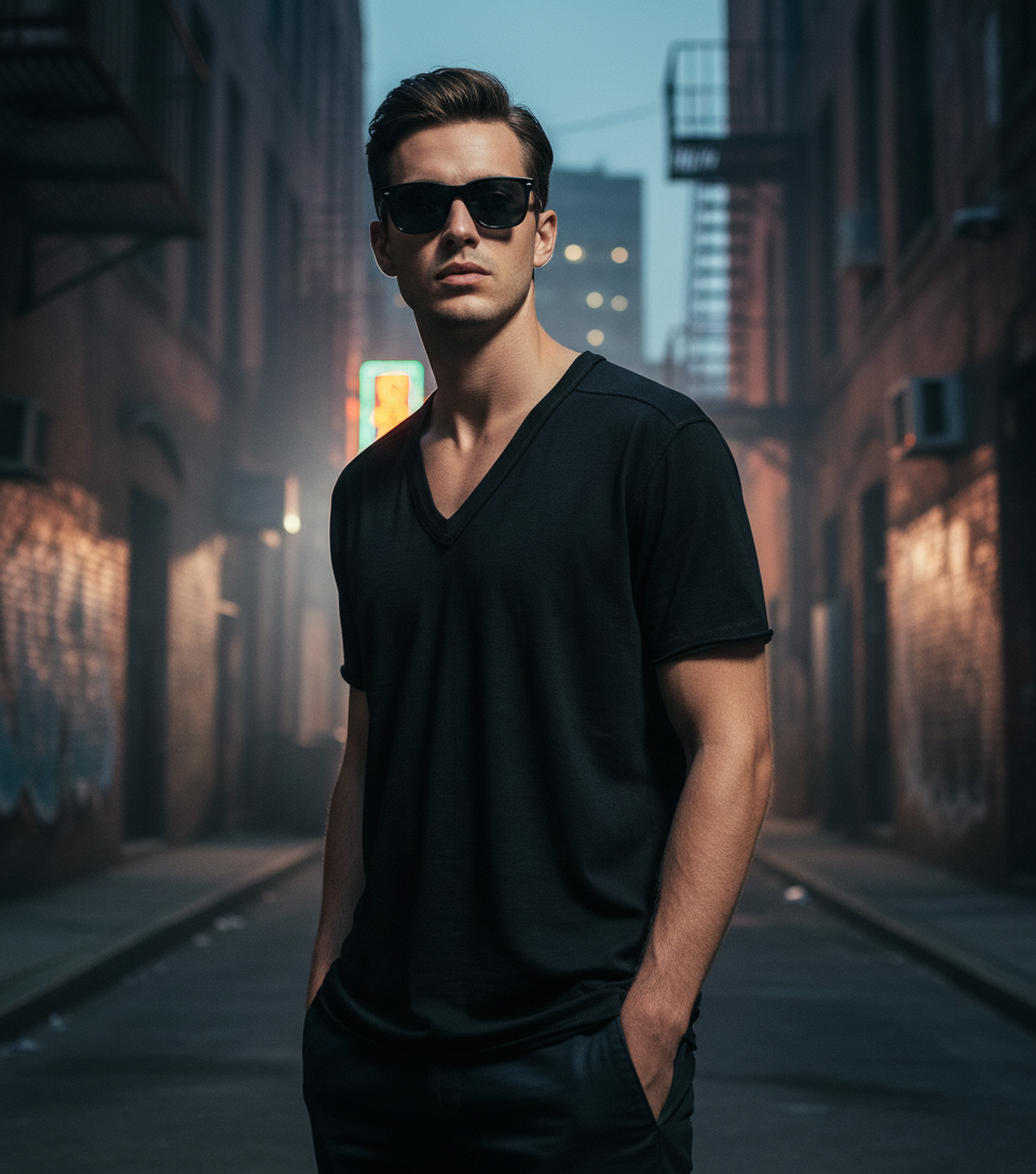Black v-neck with wider neckline