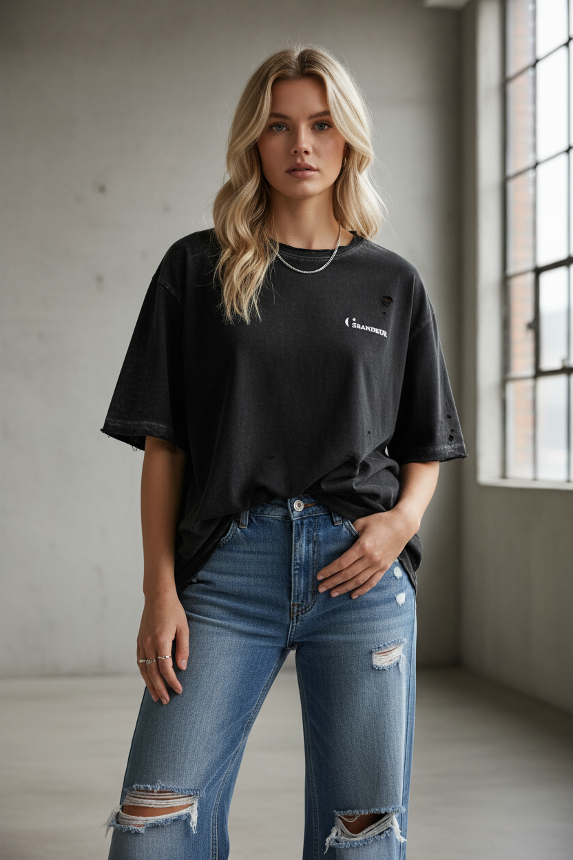 Blonde woman wearing THE GRUNGE t-shirt oversized