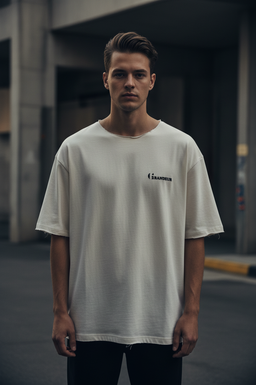 Cinematic model shot with raw wide neckline
