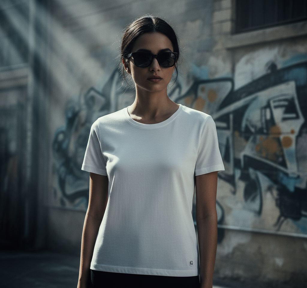 Female model full tee visible