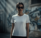 Female model full tee visible