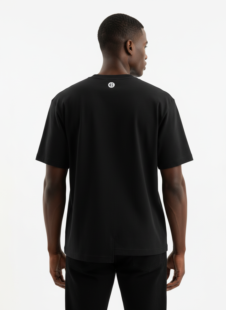 Male model wearing black t-shirt from back view