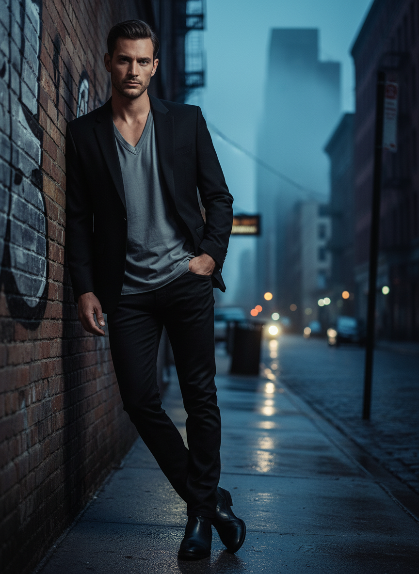 Male model wearing gray v-neck with black blazer