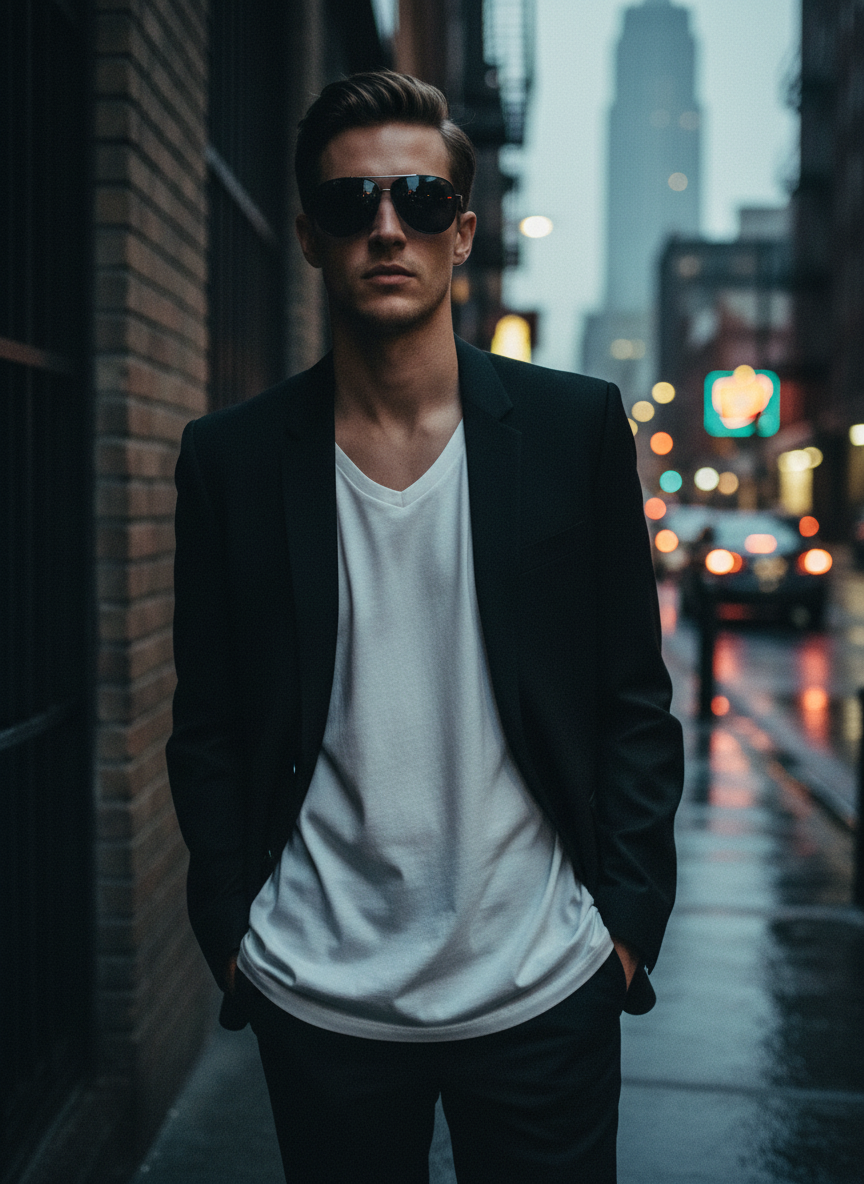 Male model wearing white v-neck with black blazer and sunglasses