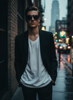 Male model wearing white v-neck with black blazer and sunglasses