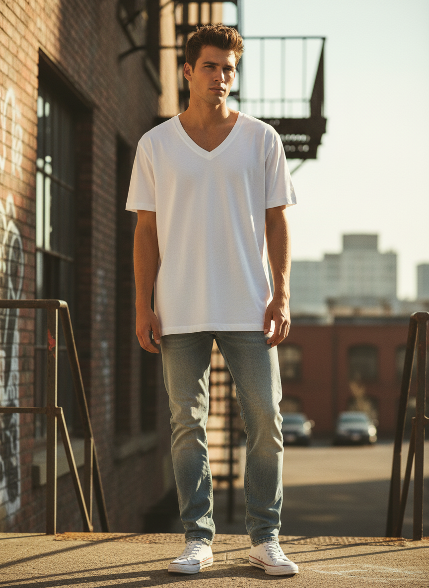 Model wearing white v-neck t-shirt