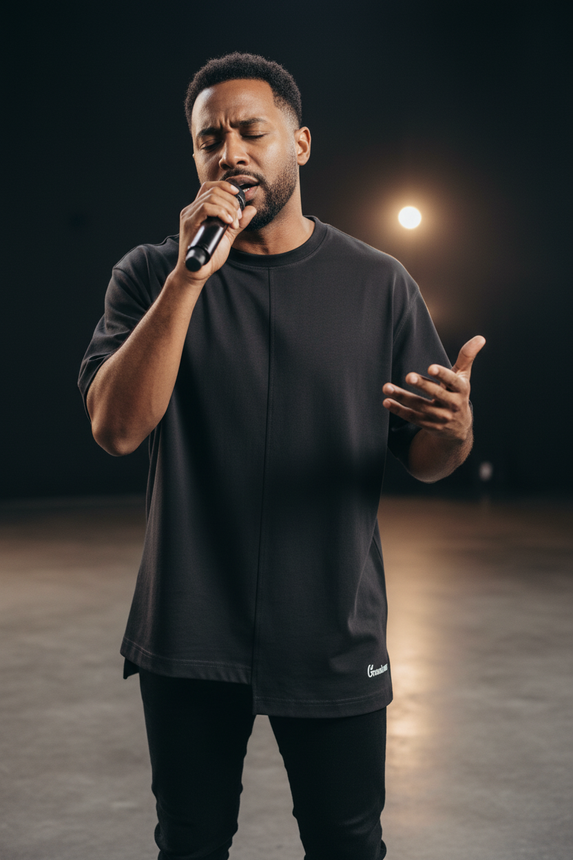 Singer wearing black t-shirt with Grandeur logo on lower left